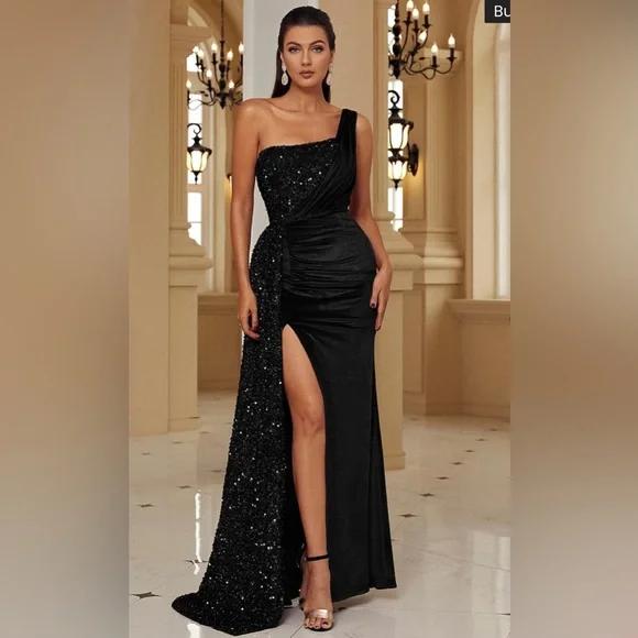 black formal dress fast shipping SEQUIN RUFFLE BLACK EVENING GOWN CDCC7621